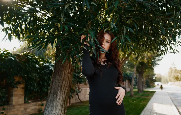 Girl, pose, tree, red, the sidewalk, Vadim Mironov