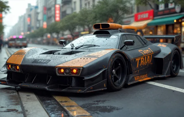 The city, street, home, digital art, digital art, sports car, AI art, Stability AI