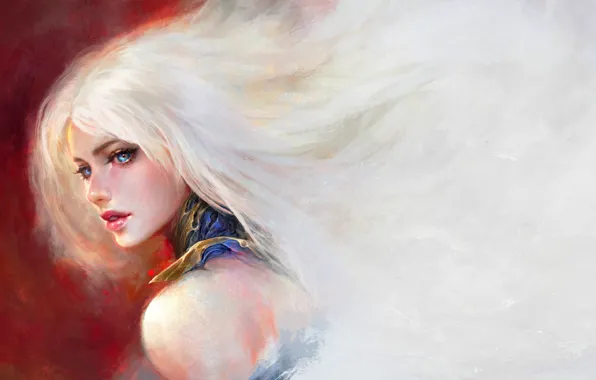 Face, blue eyes, shoulder, art, portrait of a girl, sideways, Daniel Kamarudin, long white hair