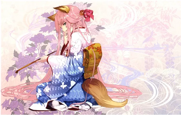 Picture flowers, pattern, girl, tail, kimono, sitting, ears, art