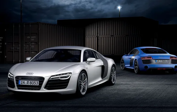 Audi, Night, Blue, White, V10, Containers, Sports car, Two