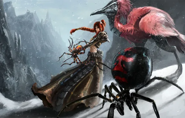 Picture girl, snow, mountains, the wind, bird, spider, bow, art