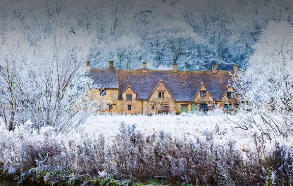 Winter, frost, snow, trees, house, England, Gloucestershire, the village of Bibury
