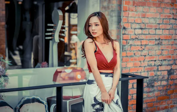 Girl, skirt, neckline, brown hair, topic, Asian
