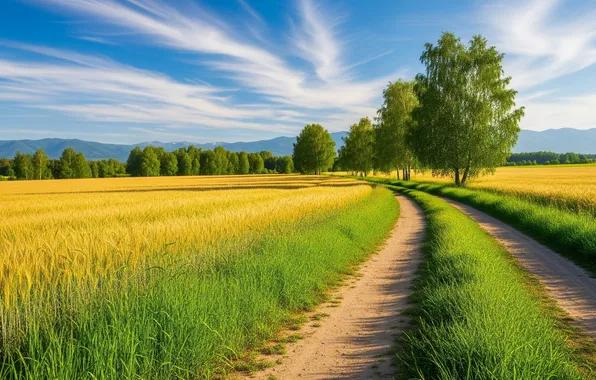 Road, wheat, field, summer, the sky, the sun, Wallpaper, art