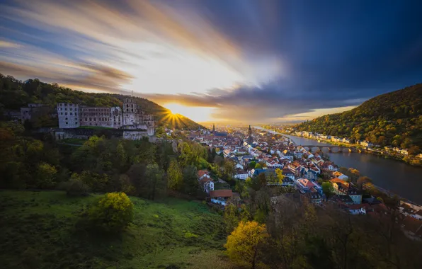 The sky, the city, castle, dawn, view, Germany, river, Germany