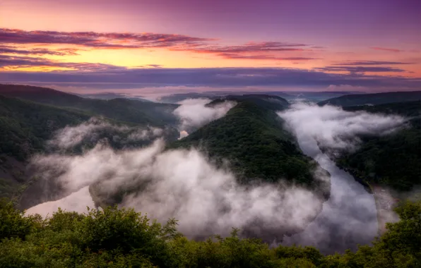 Picture the sky, clouds, sunset, orange, bright, river, view, height