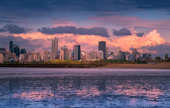 The sky, clouds, light, sunset, bridge, the city, lights, shore