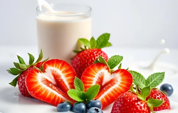 Glass, berries, milk, blueberries, strawberry, white background, AI art, neural network
