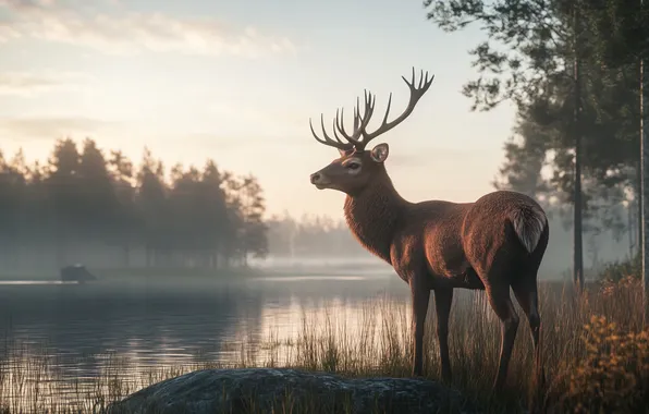 Forest, the sky, look, nature, fog, deer, morning, haze
