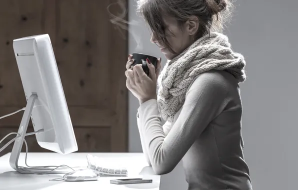 Picture girl, scarf, mug, monitor