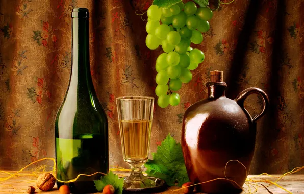 Leaves, green, wine, glass, bottle, grapes, Board, pitcher