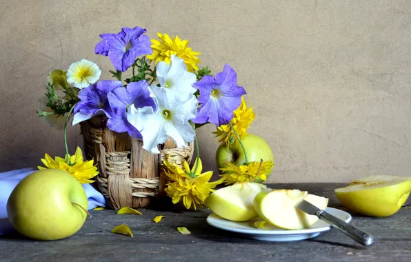 Apple, knife, still life, basket, Petunia, rudbeckia