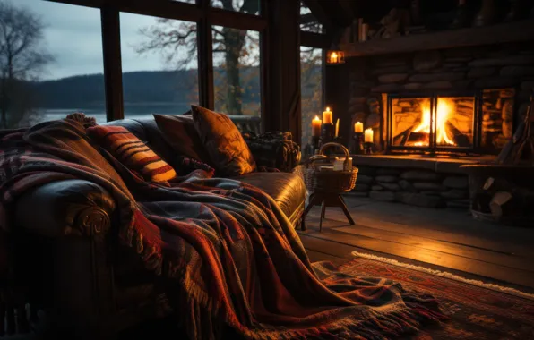 Picture comfort, new year, interior, pillow, Christmas, fireplace, plaid, AI art