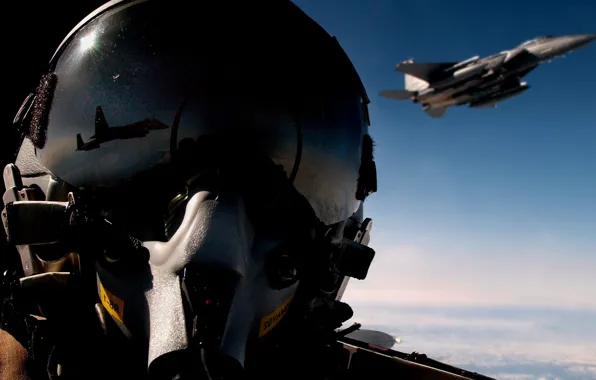 Reflection, the plane, fighter, helmet, pilot, in the sky, air