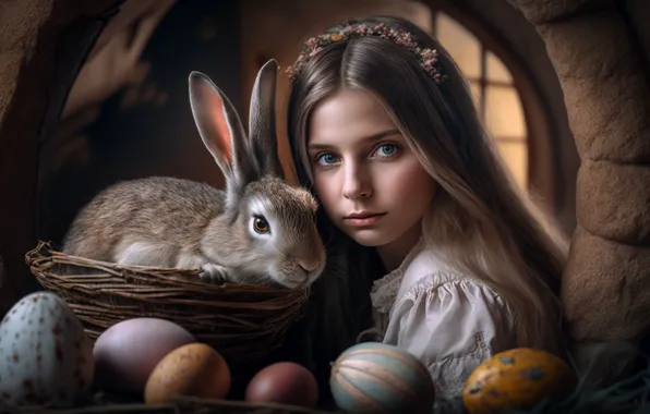 Look, girl, retro, grey, holiday, basket, hare, portrait