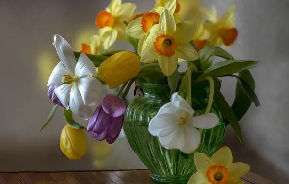 Tulips, vase, daffodils