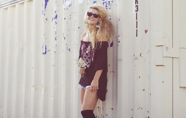 Girl, woman, smile, flowers, model, garage, laugh, blond