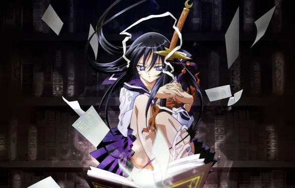 Picture weapons, sword, katana, book, library, Yami to Boushi to Hon no Tabibito, azuma hazuki