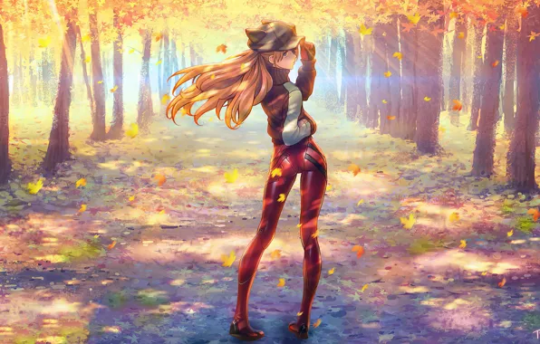 Trees, anime, cap, red hair, alley, gesture, Neon Genesis Evangelion, girls