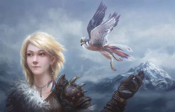 Picture girl, snow, mountains, bird, art, Falcon, armor