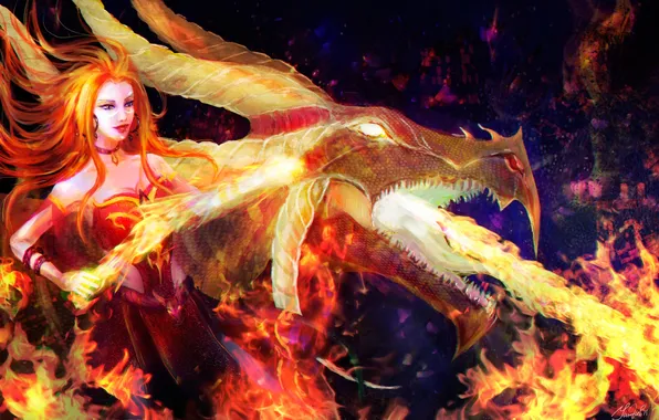 Girl, fire, flame, dragon, art, horns, Slayer, Dota 2