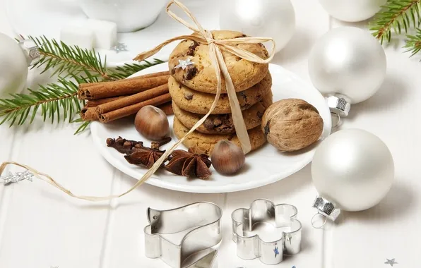 Picture branches, balls, cookies, tree, nuts, cinnamon, Christmas decorations, star anise