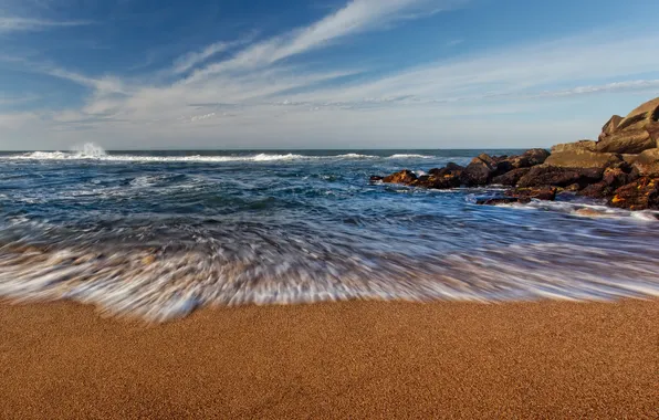 Wave, beach, the sky, clouds, stones, the ocean, horizon, Atlantic