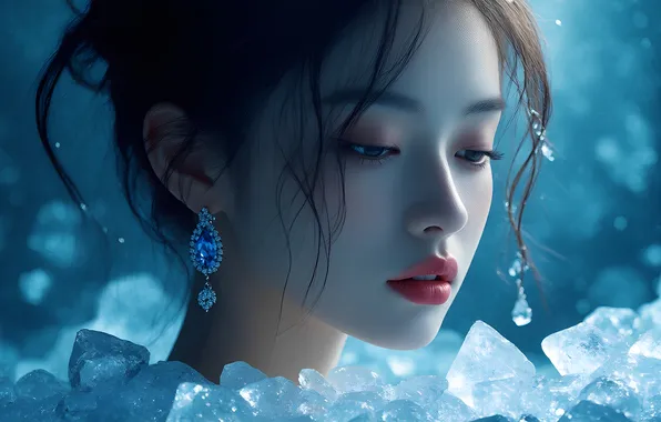 Look, girl, earrings, Chinese, ice blocks