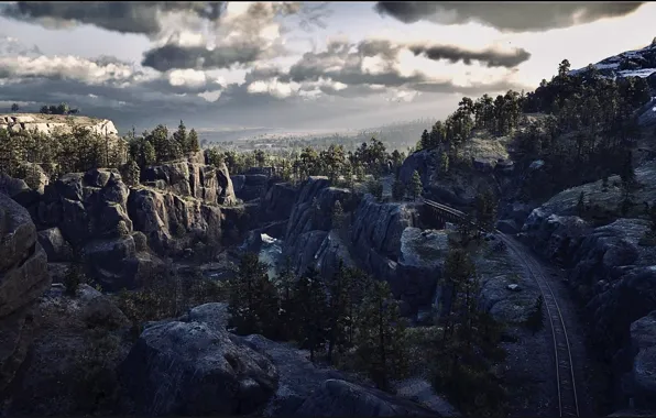HDR, Clouds, Landscape, Bridge, Mountain, Game, Rocks, Trees