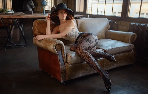 Girl, pose, sofa, hat, tights, legs, George Chernyadev, Nastya Polukhina