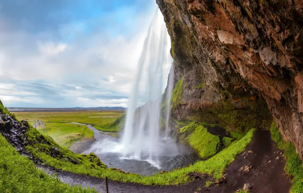 Greens, grass, rock, stones, waterfall, moss, Iceland, Seljalandsfoss