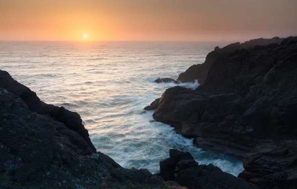 Sea, wave, the sun, rocks, dawn, shore, view, morning