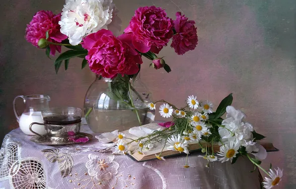 Flowers, tea, chamomile, still life, peonies