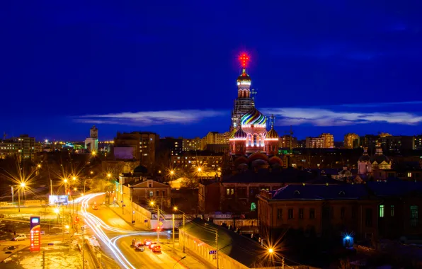 Picture road, night, speed, night landscape, lights, Church, night city