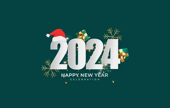 Snowflakes, figures, gifts, New year, white, date, boxes, the Santa hat