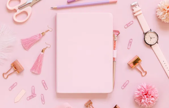 Pink, watch, color, earrings, handle, pencil, flowers, notebook