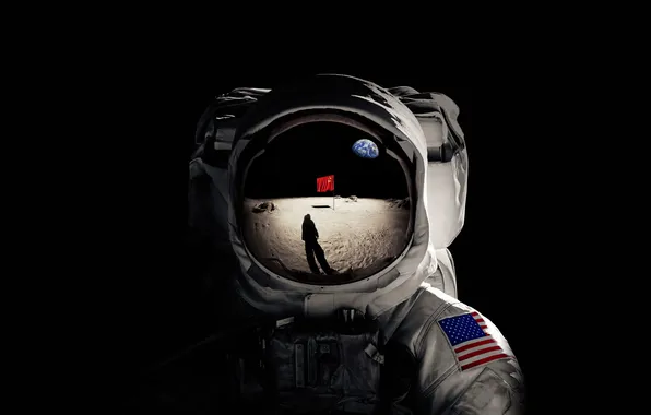 GLASS, The MOON, REFLECTION, FLAG, ASTRONAUT, The SUIT, selfie