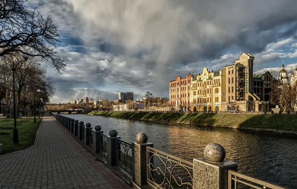 The sky, clouds, bridge, river, home, lights, Pokrovsky Cathedral, Ukraine