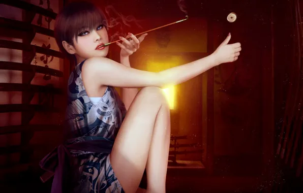 Girl, room, sword, katana, art, lantern, mouthpiece, Asian