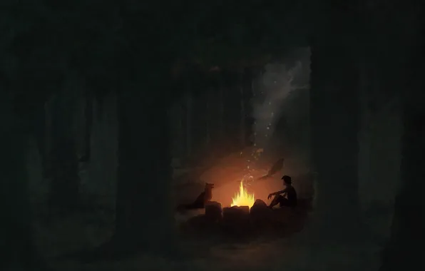 Picture forest, night, smoke, dog, boy, art, the fire, bed