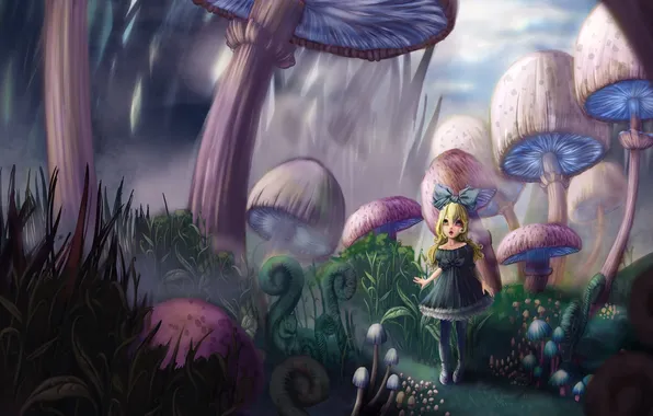 Mushrooms, tale, art, girl, Alice in Wonderland