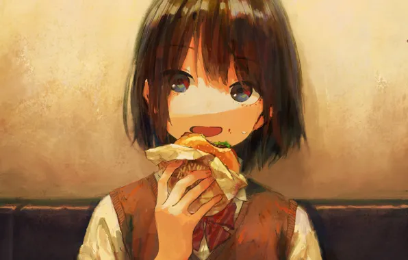 Face, girl, schoolgirl, sandwich, bites, vest, bangs