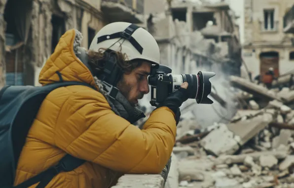 Home, The camera, Building, Male, Side, Digital art, Helmet, Photographer