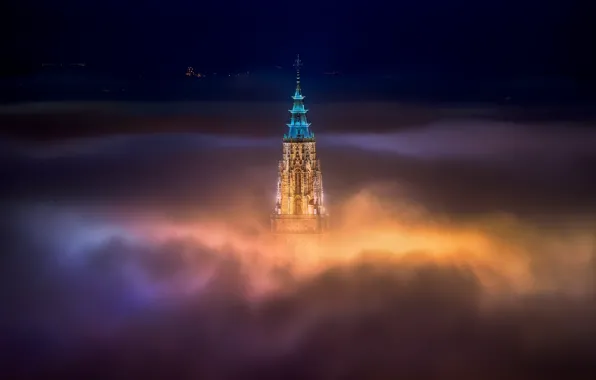 Picture roof, light, night, the city, fog, Church, Cathedral, top