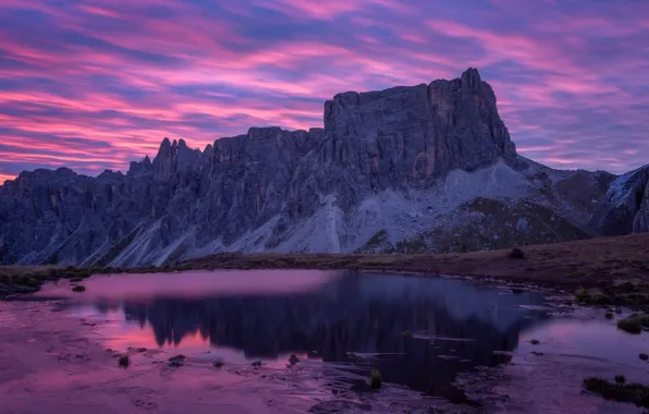 Clouds, mountains, lake, reflection, rocks, shore, the slopes, tops