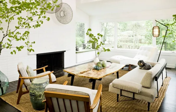 Design, interior, fireplace, retro style, living room, mid-century modern living room