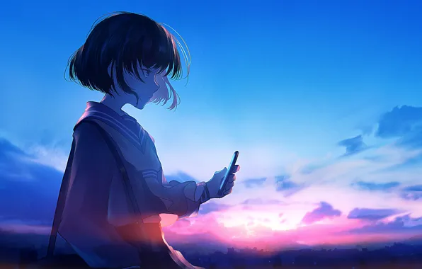 The sky, sunset, schoolgirl, smartphone, mfua. RU