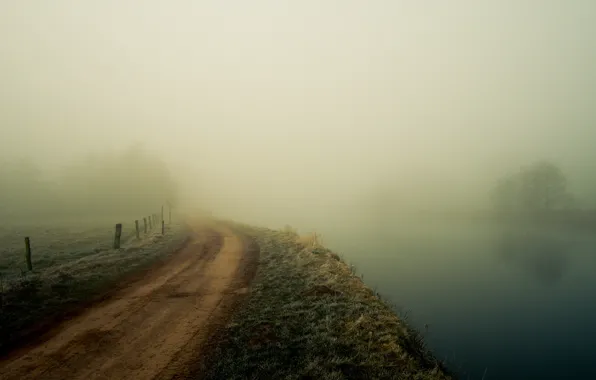 Road, landscape, fog, river