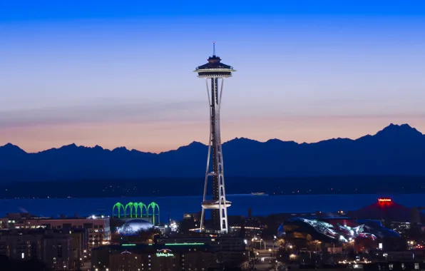 Picture city, lights, USA, Space Needle, tower, sky, ocean, photo